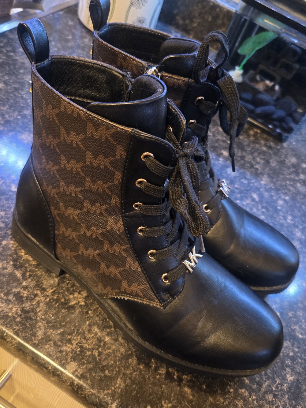 Michael Kors Black Leather & Brown MK Monogram Combat Boots